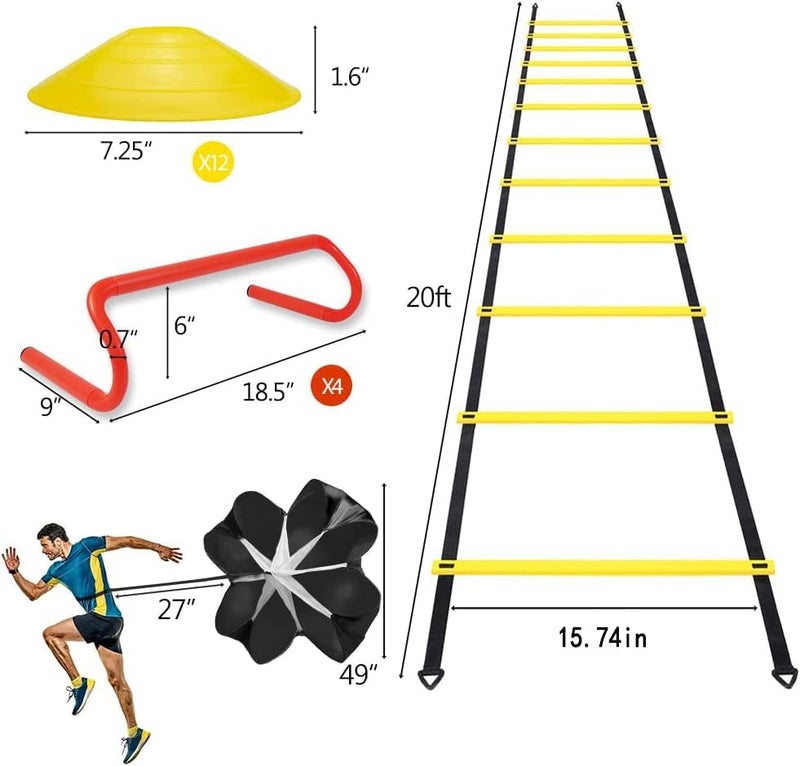 Rainmae Speed & Agility Ladder Training Equipment Set, Includes 12 Rung 20ft Agility Ladder, 4 Agility Hurdles,12 Disc Cones, 1 Resistance Parachute for Training Football Soccer Basketball Athletes - Image 2
